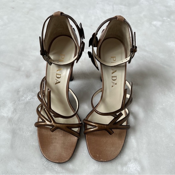 Prada Leather Square Toe Ankle Strap Sandals vintage 2000s y2k bronze floral - Picture 3 of 8